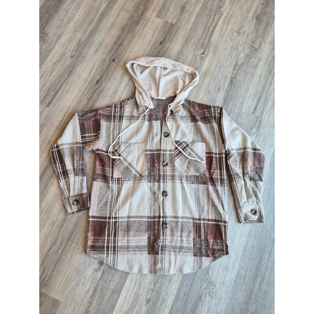 Reborn J Womens Plaid Hooded Shacket Brown Cream Button Front T14159-CK82 Small